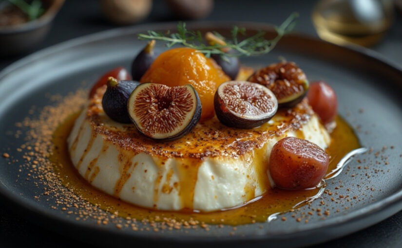 Baked Figs and Plums with Cardamom Aroma over Yogurt Panna Cotta and Caramelized Honey 🍯✨